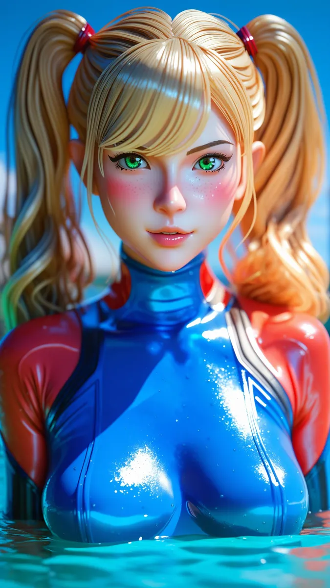 3D anime girl with blonde twintails and green eyes in a shiny bodysuit partially submerged in water.