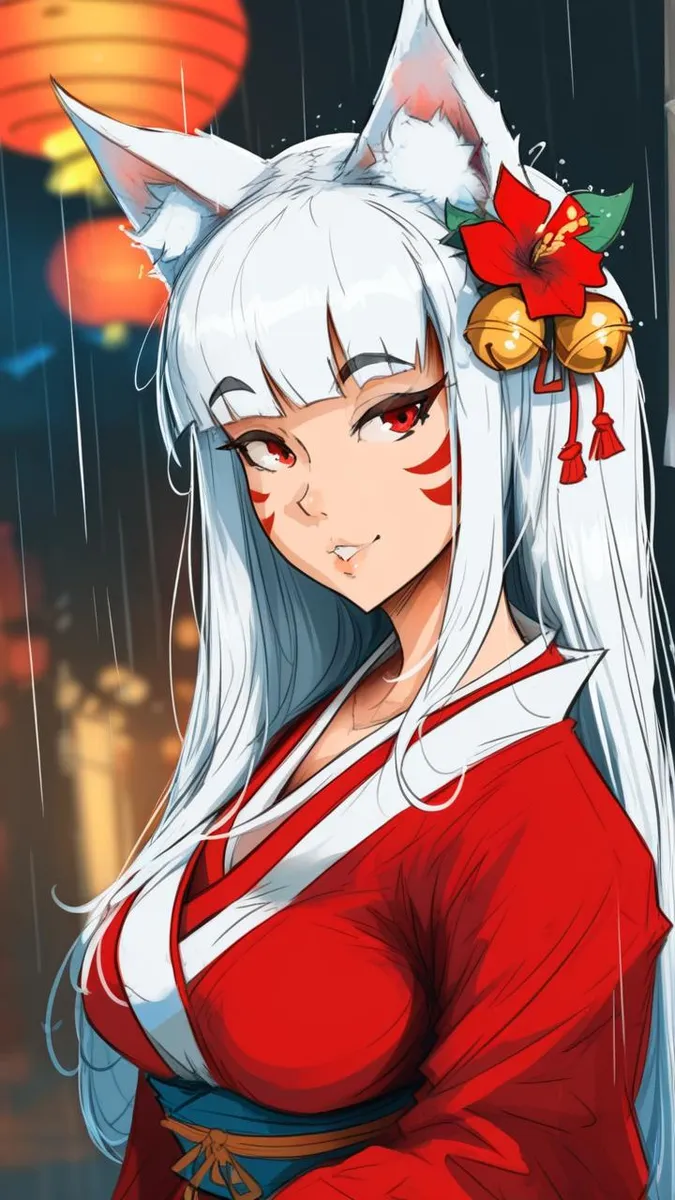 3D anime style fox girl with white hair and red eyes, wearing Japanese clothes with fox ears and a red flower hair ornament, against a rainy backdrop.