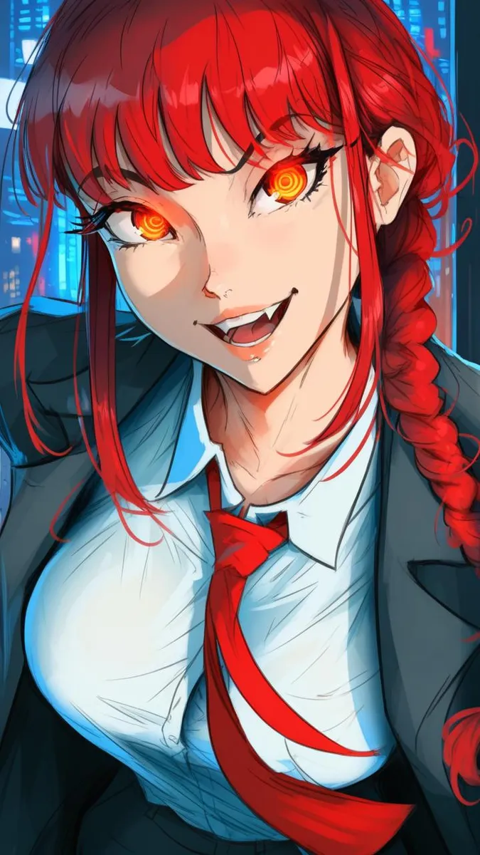 3D anime style portrait of a red-haired girl with glowing red eyes, wearing a formal suit, smiling with fangs visible.