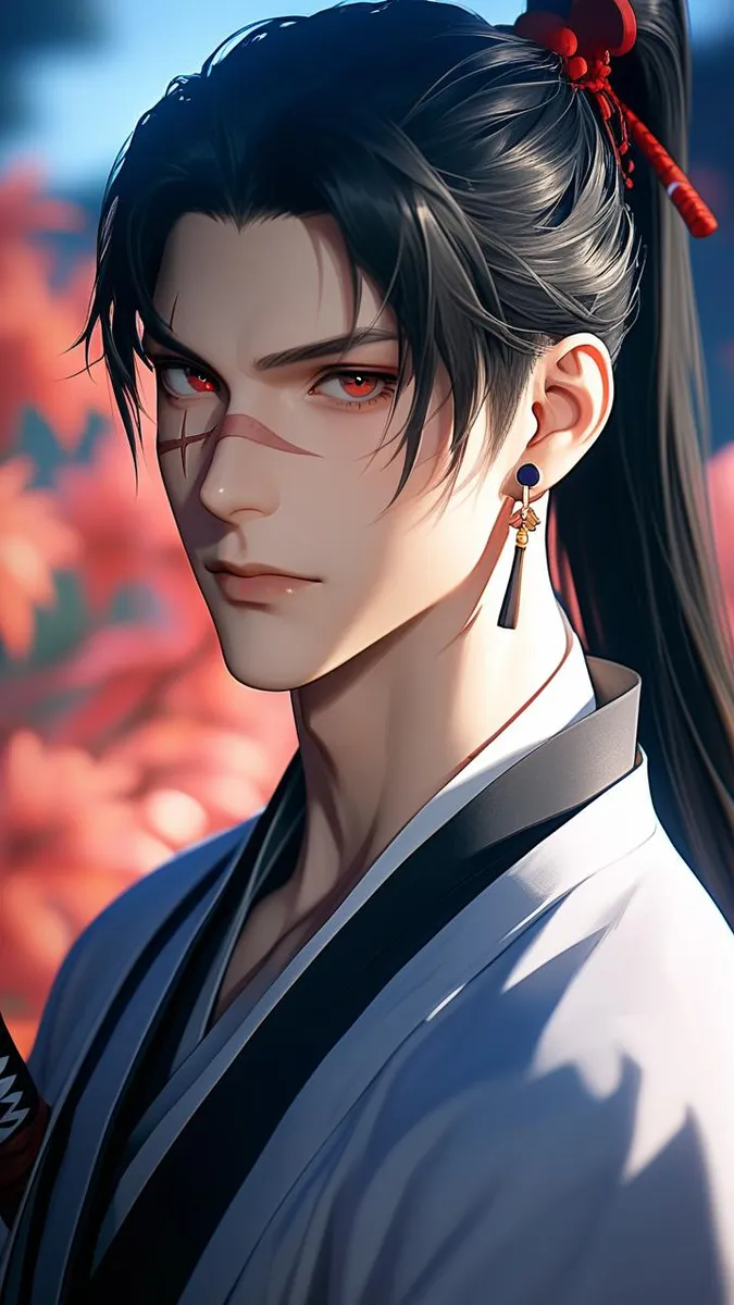 A 3D anime style male with long black hair, red eyes, wearing Japanese clothes and holding a katana.