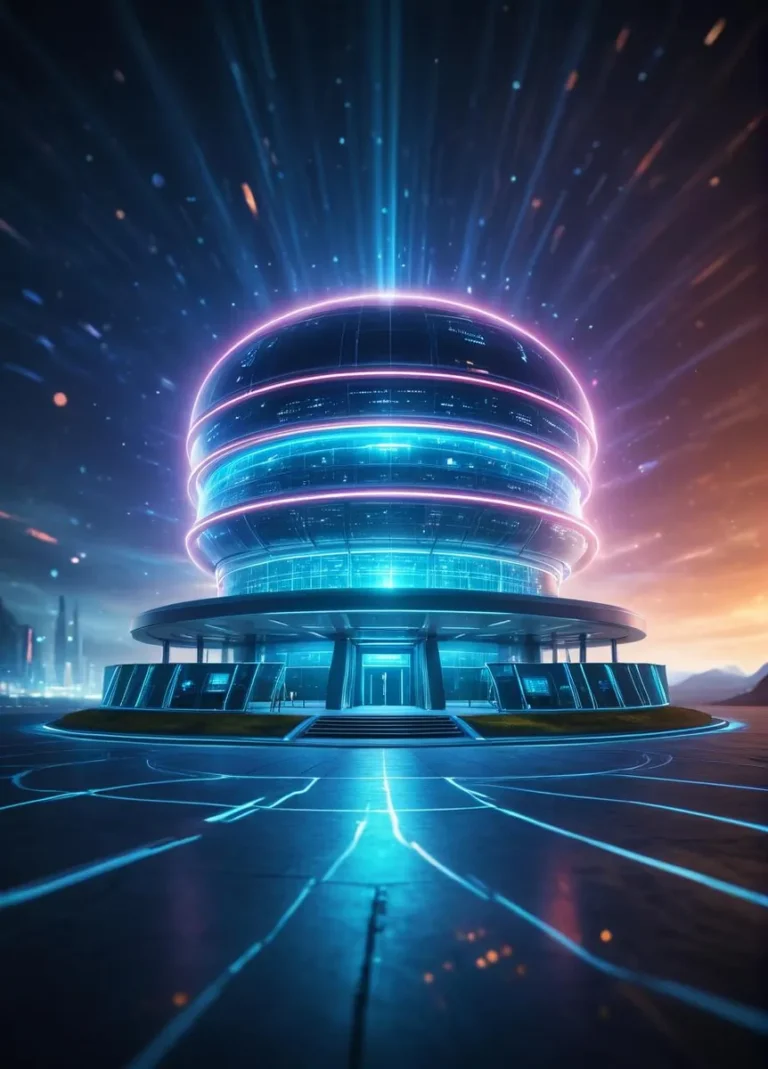 Futuristic AI-driven research facility with vibrant, glowing design.