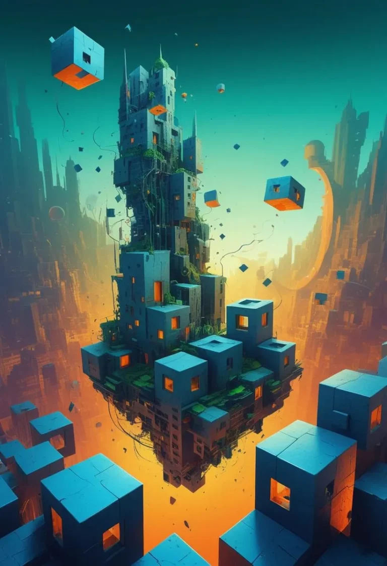 Surreal cityscape with liquid-like buildings and vibrant colors.