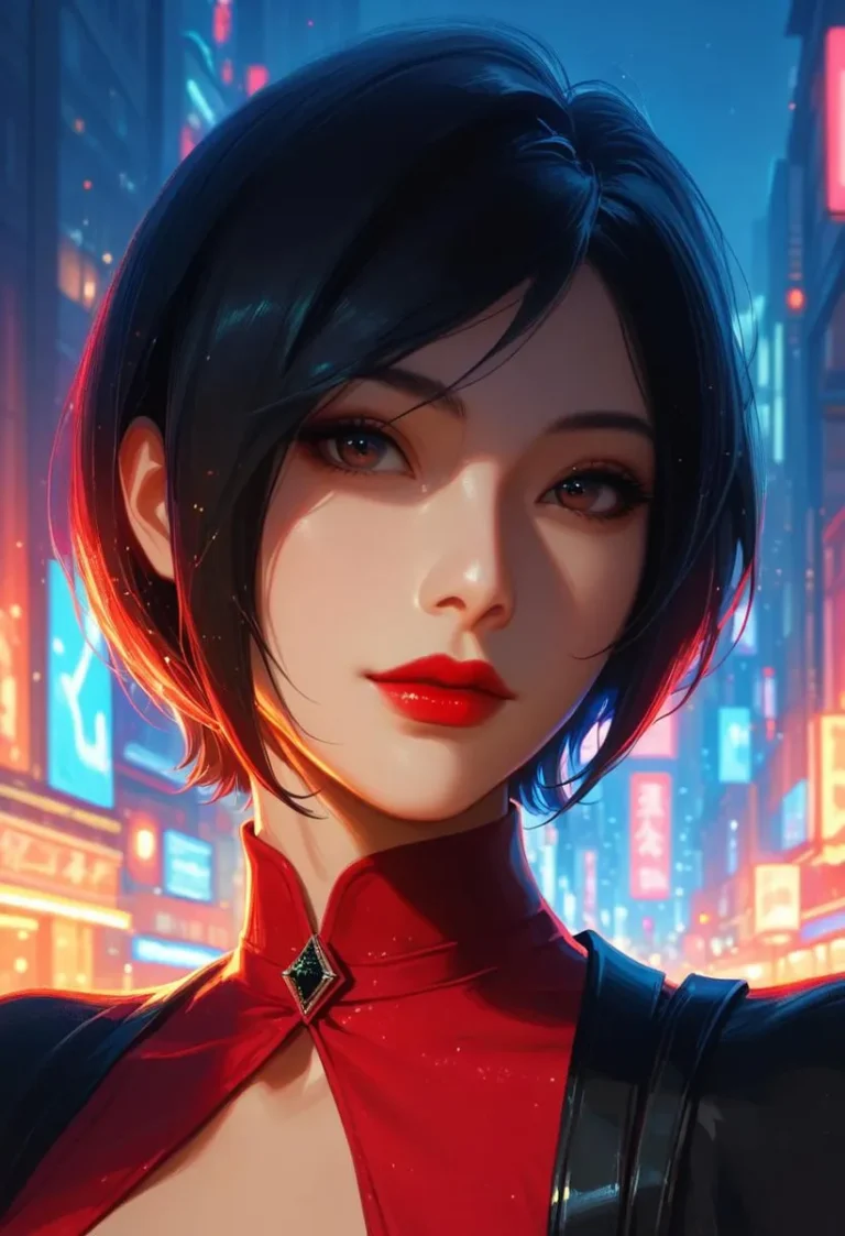 Portrait of Ada Wong at night in a neon-lit city, featuring red lipstick and an elegant dress.