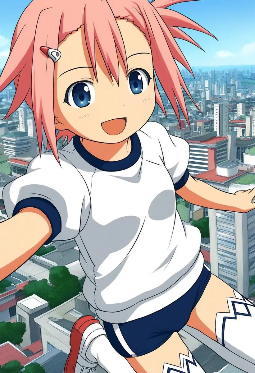 Anime character Aera Colthearts with pink hair, blue eyes, wearing a white shirt, in an outdoor city setting.