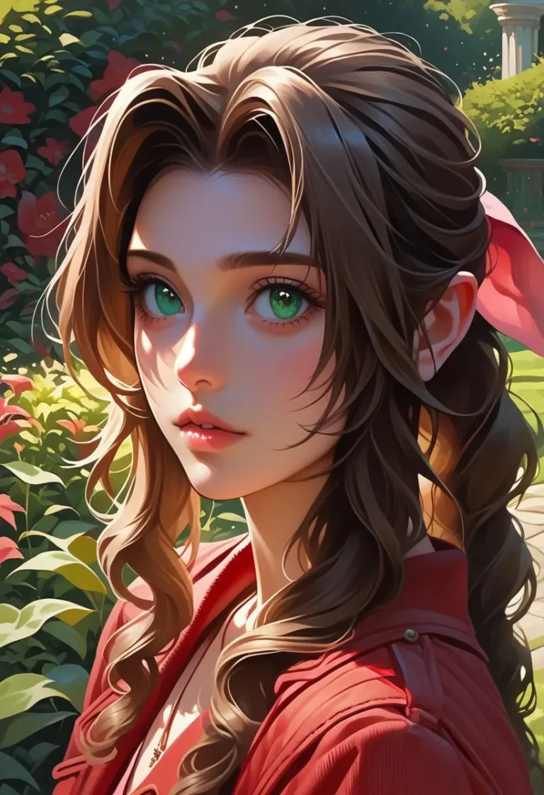 Watercolor portrait of Aerith Gainsborough looking over her shoulder with detailed eyes and pursed lips in a garden setting.