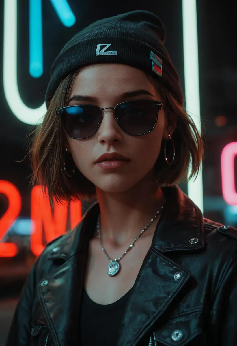 Close-up portrait of an alternative girl wearing sunglasses, a beanie, and a leather jacket in a neon-lit environment.