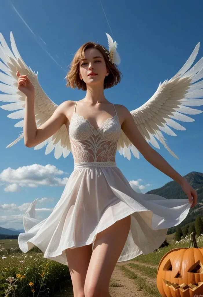 A woman with angelic wings wearing a see-through white dress, set in a halloween-themed landscape with pumpkins.