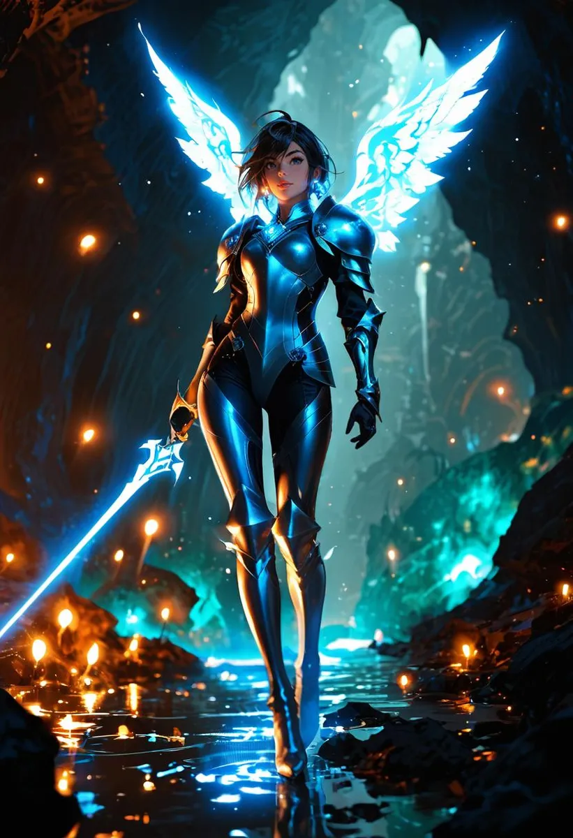 Androgynous angelic figure in azure elven armor, wielding a glowing sword in the Underdark Caverns with dynamic lighting.