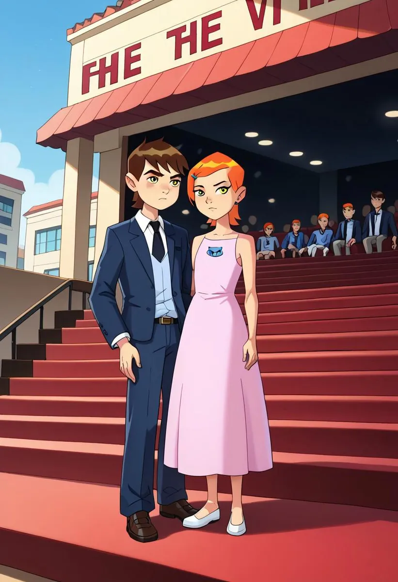 Animated characters on the red carpet at a movie theater, a boy in a suit and a girl in a pink dress.