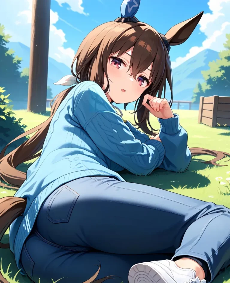 Anime girl with horse ears lying in grass, wearing blue sweater and jeans.