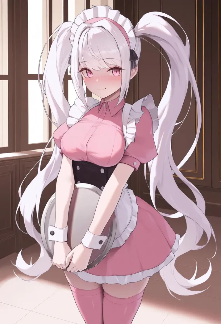 Anime-style maid with long white hair and pink outfit holding a tray indoors.