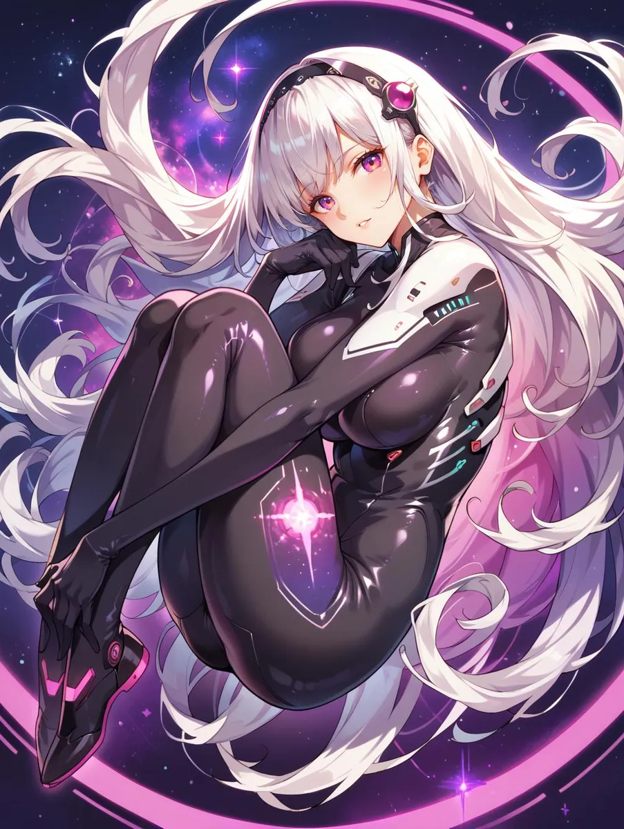 Anime girl with white hair floating in a vibrant, purple-themed galaxy, wearing a skin-tight black bodysuit.