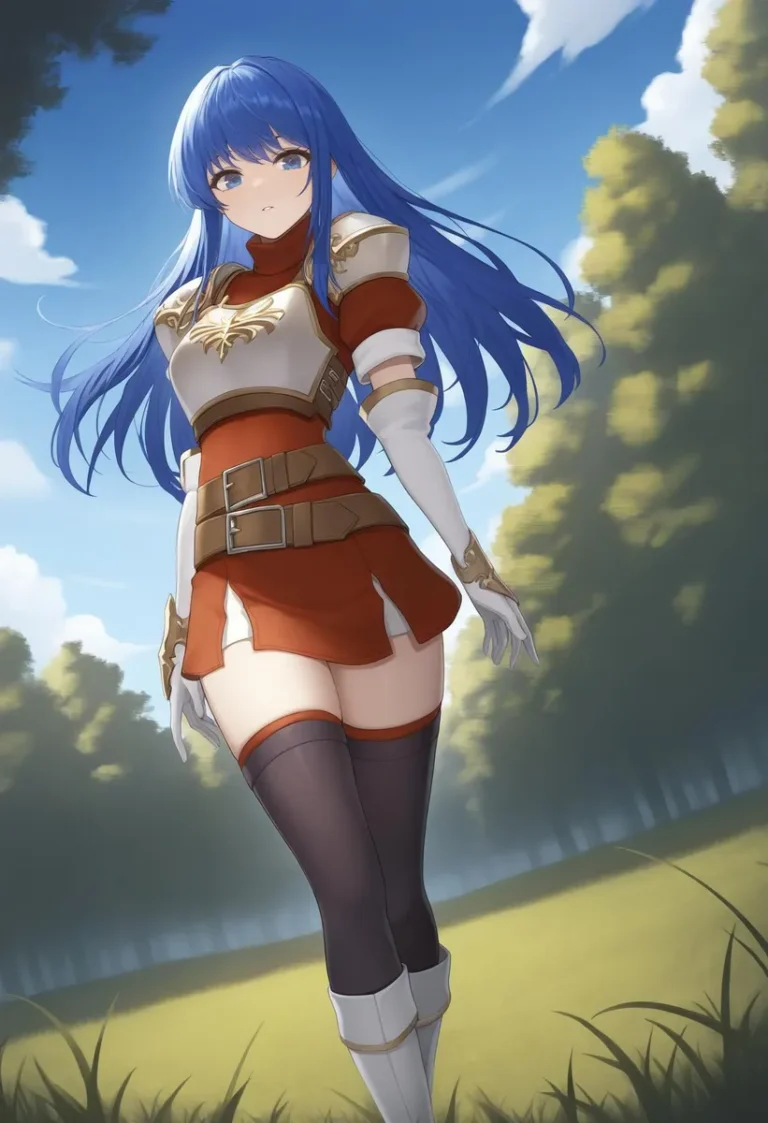 Anime girl with blue hair and armor standing in a field.