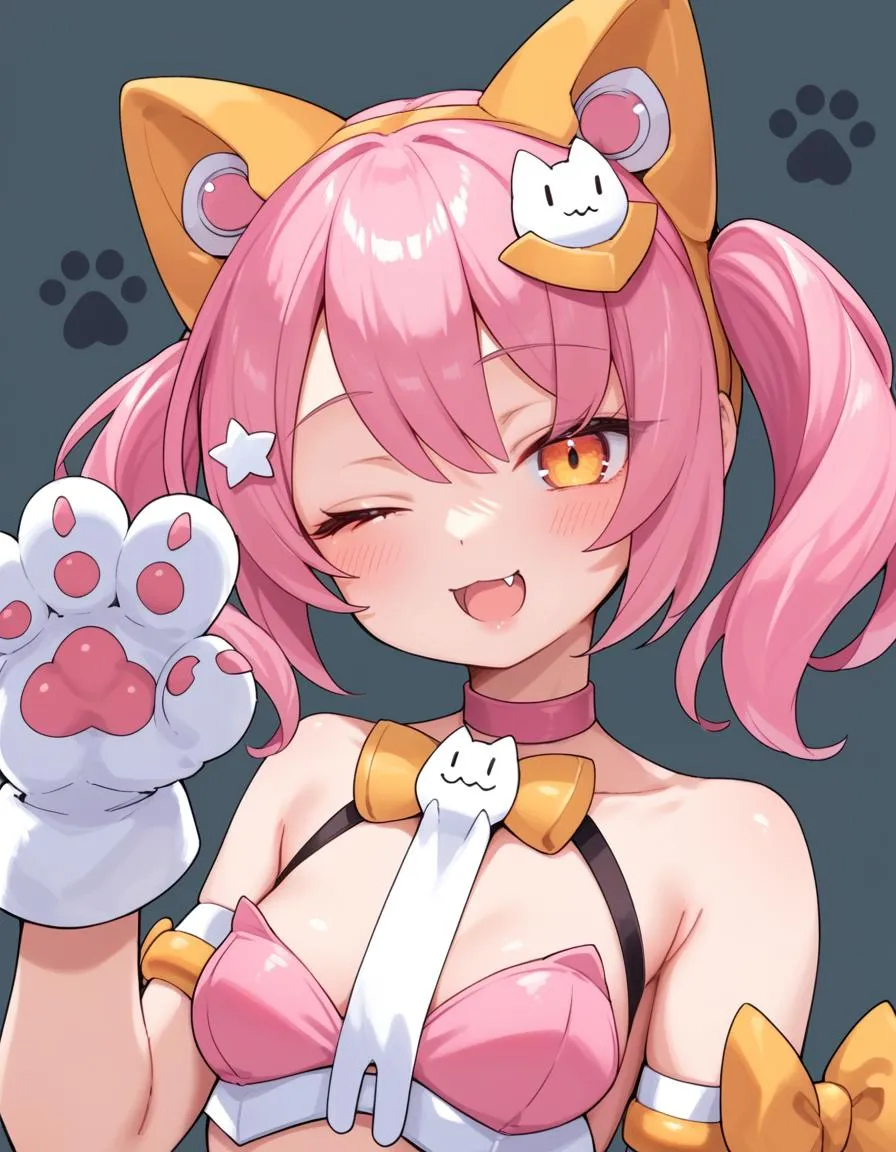 Anime girl with pink hair, cat ears, and mecha-style accessories winking with a playful pose.