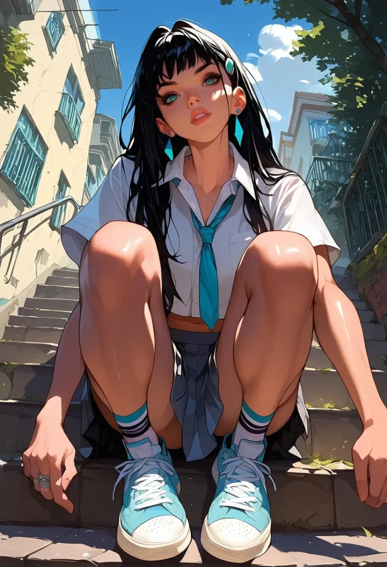 Anime girl with long black hair and aqua eyes sitting outdoors in a city setting, wearing a white shirt and grey pleated skirt.