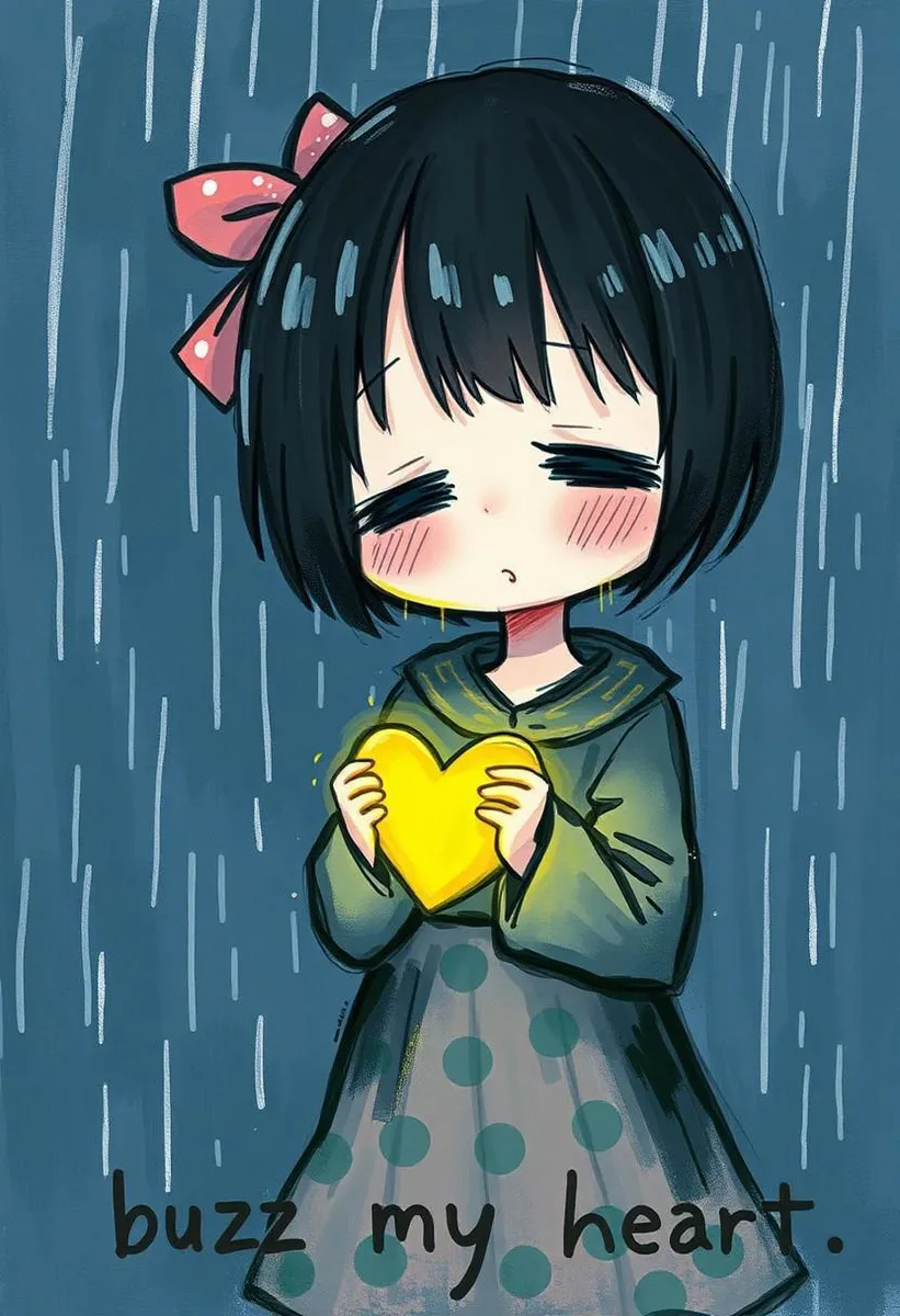 Cute anime girl holding a glowing yellow heart in the rain with the inscription 'buzz my heart'.