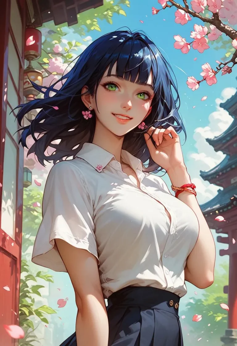 Anime girl with dark blue hair and green eyes smiling among cherry blossoms, wearing a white shirt with jewelry.