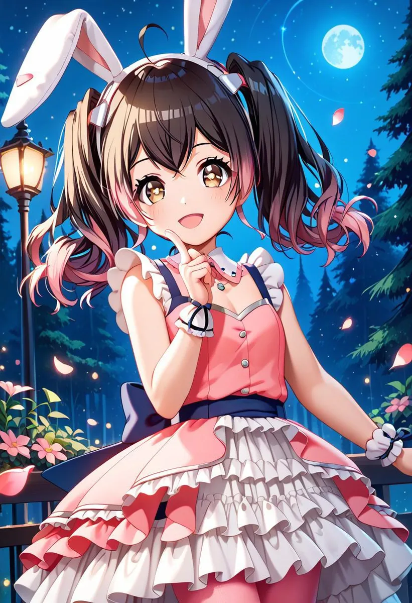 Anime girl with twintails and rabbit ears in a ruffled pink dress, standing under a night sky with flowers and petals flowing around.