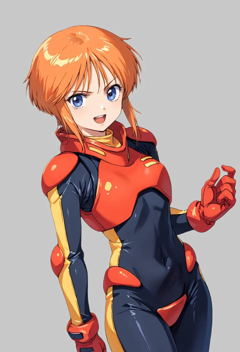 Anime-style illustration of a girl in a pilot suit with orange hair and dark blue eyes.