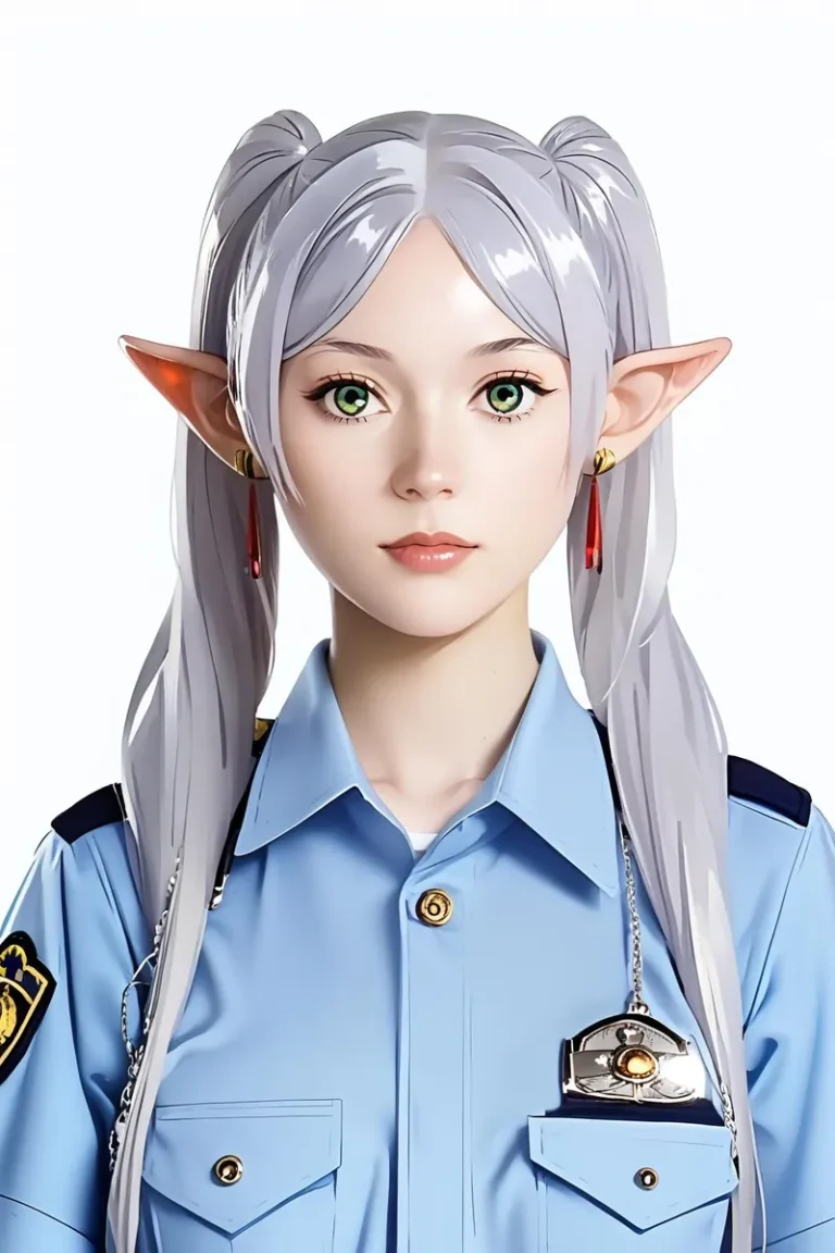 Anime-style policewoman with gray hair, green eyes, and elf ears in a detailed Japanese police uniform.