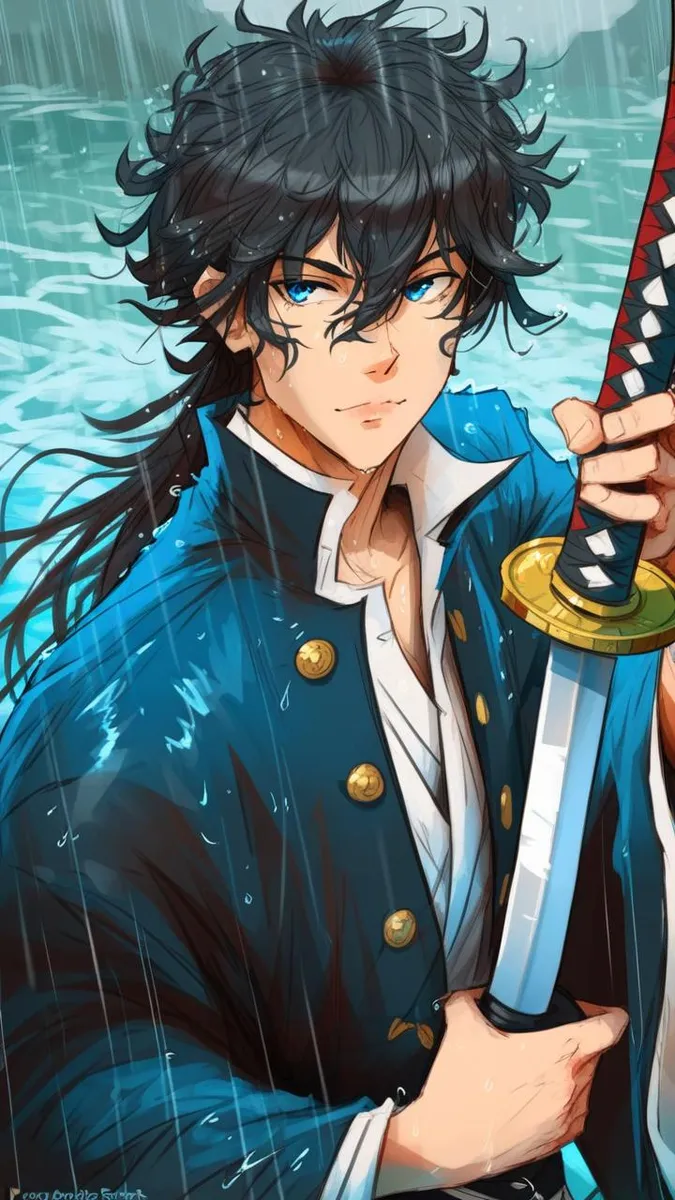 Anime character with blue eyes and black hair holding a katana in the rain.