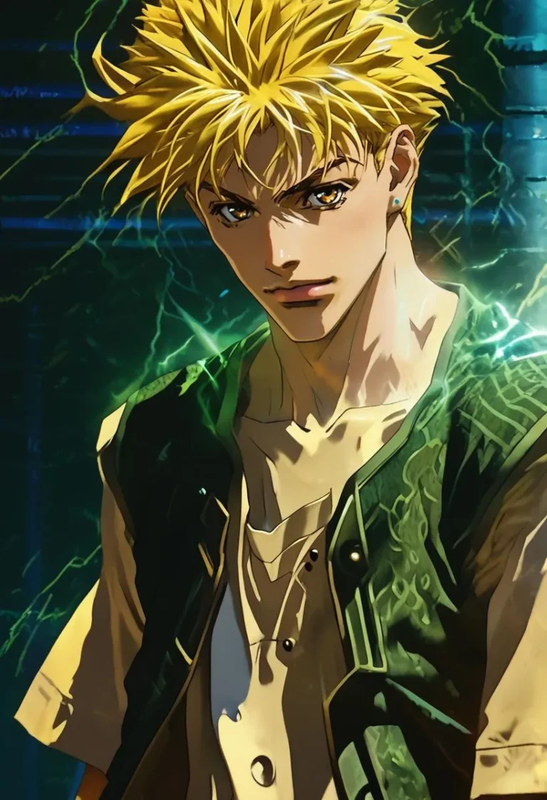 Anime character with spiky blonde hair, wearing a shirt and vest, set against a glowing backdrop.