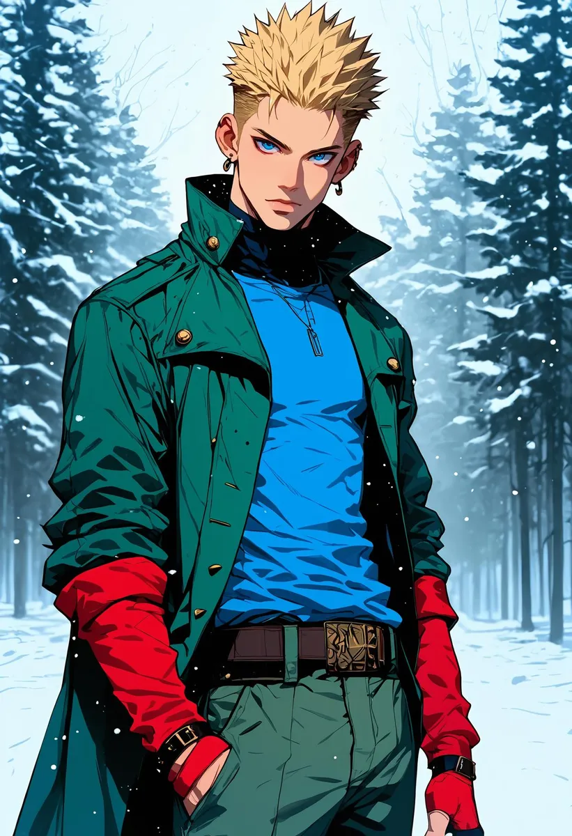 Blonde spiky-haired anime boy in a snowy forest, wearing a green coat and red gloves.