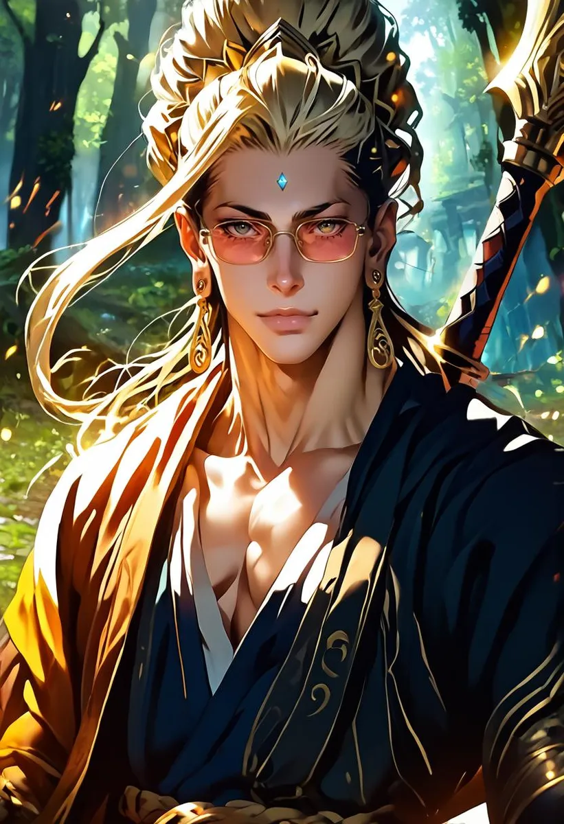 Anime character with long blonde hair, glasses, and jewelry, featuring dynamic lighting in a marsh background.