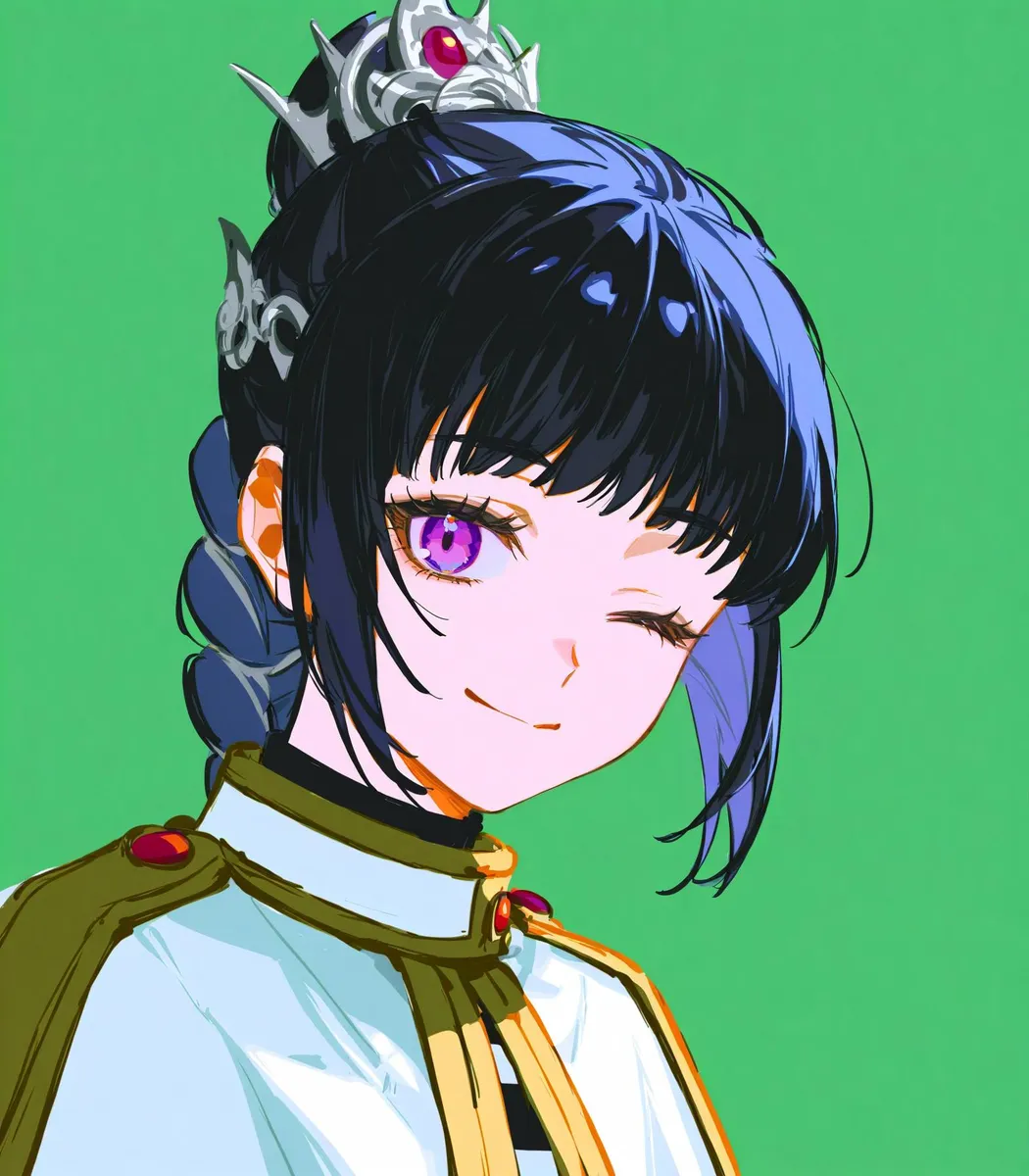 A detailed anime-style portrait of a character with black hair in cosplay, wearing white clothes and a crown, winking with a light smile against a lime-green background.