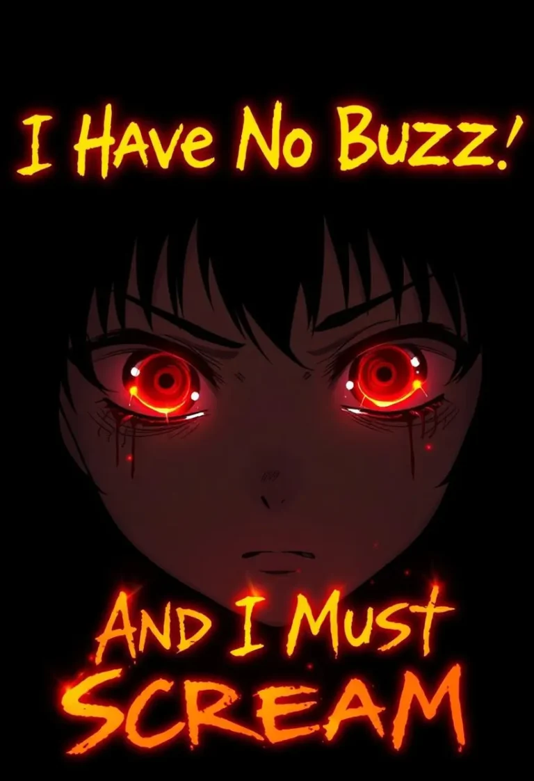 Anime face shrouded in shadows with angry, tearful eyes and fiery text.