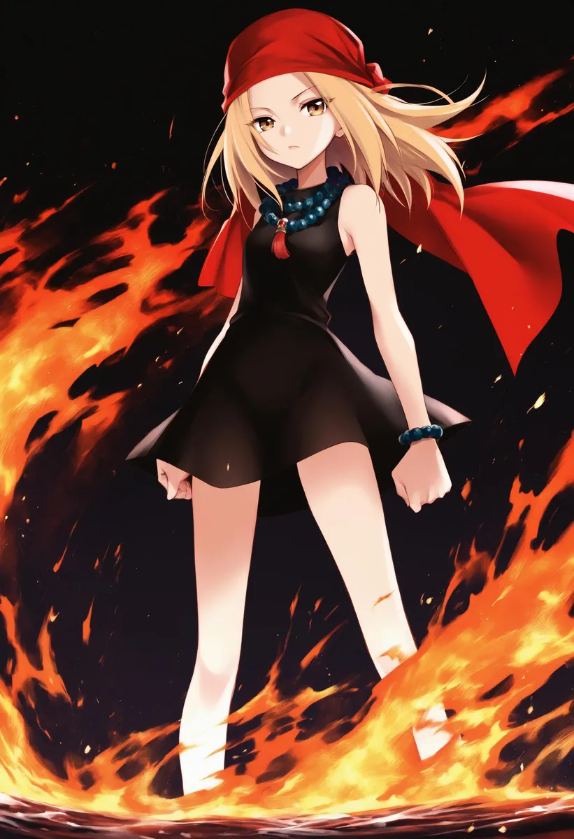 Anime girl with blonde hair, red bandana, and fire background.