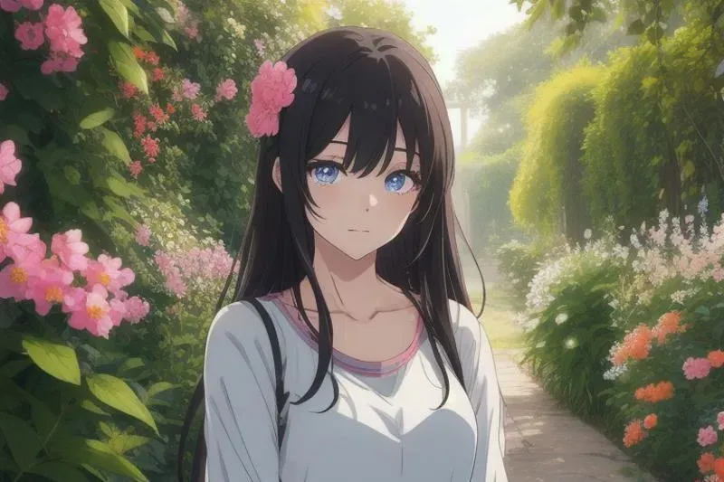 長い髪のアニメの女の子が、花でいっぱいの庭で視線を向けている。