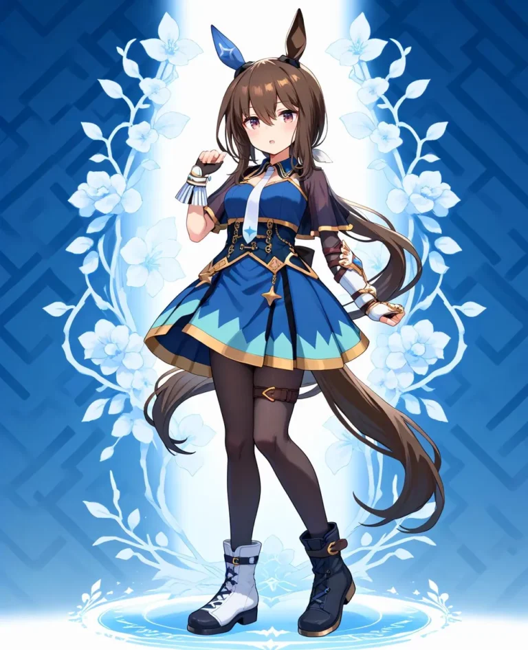 Anime girl with pony features wearing a blue dress, set against a patterned background.