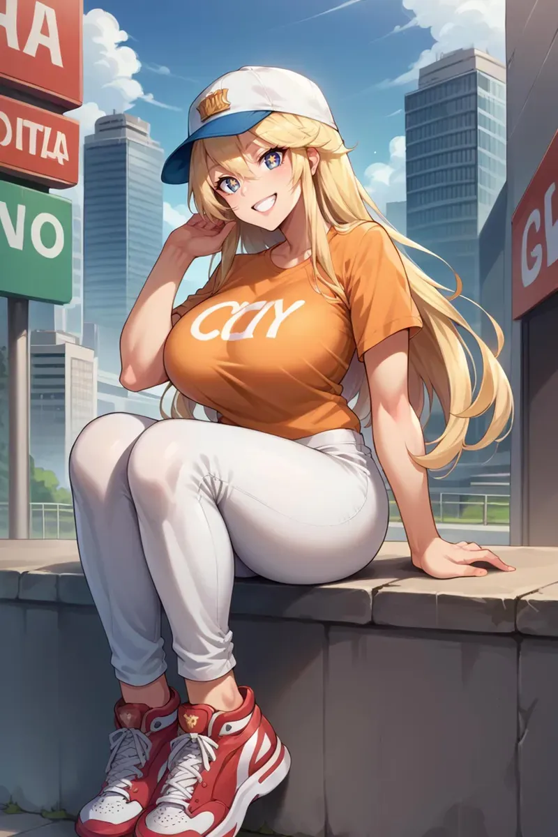 星型の瞳を持ち、オレンジ色のTシャツと白いパンツを着た金髪のアニメの女の子が都市に座っている。