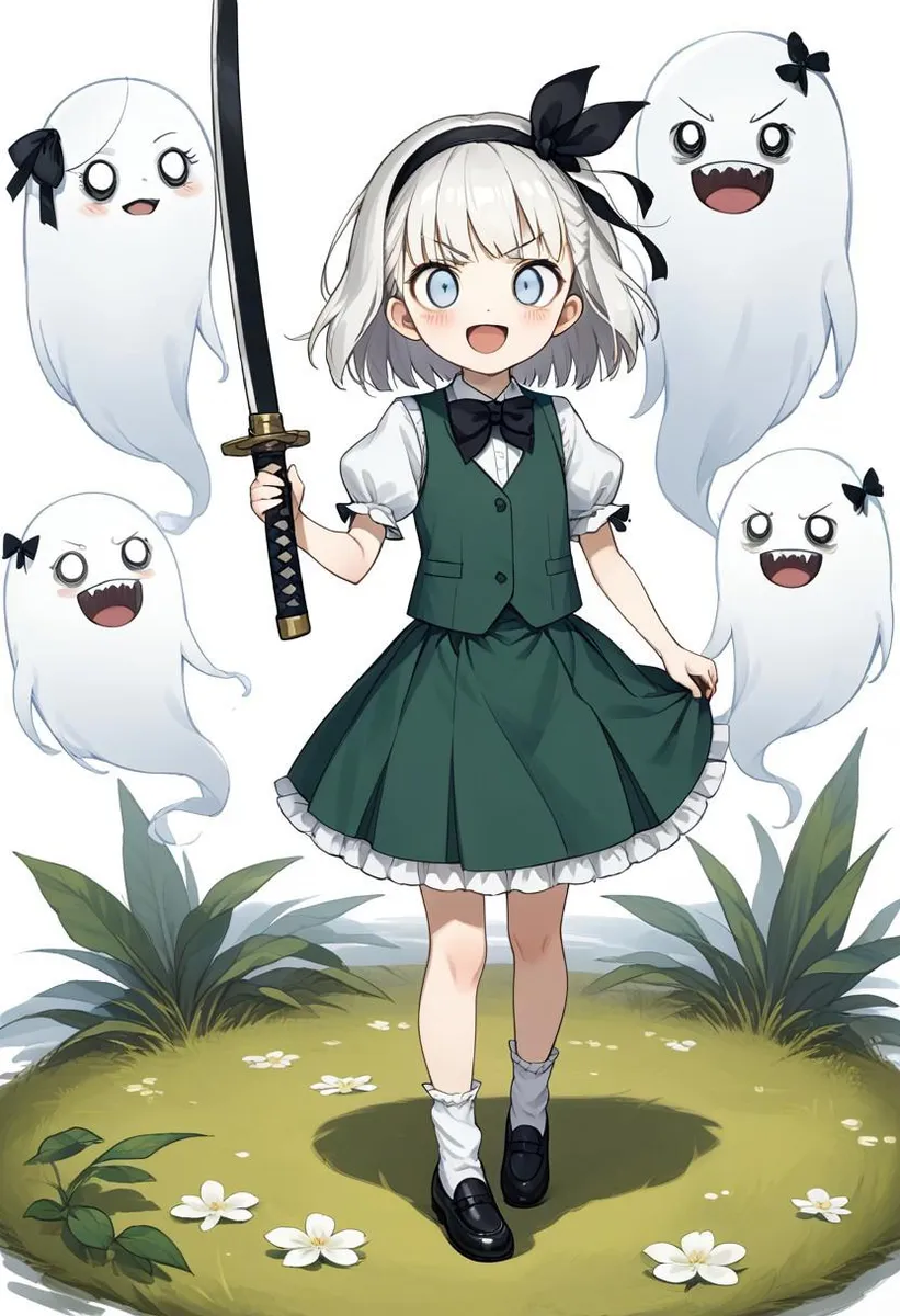 Anime girl with white hair, holding a katana, surrounded by ghosts, in Don't Starve style.