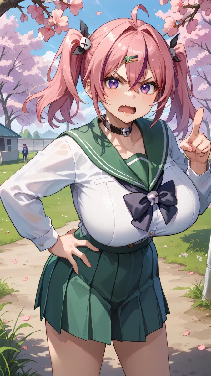 Anime girl with pink hair and purple eyes in a school uniform, standing in a school yard with cherry blossoms.