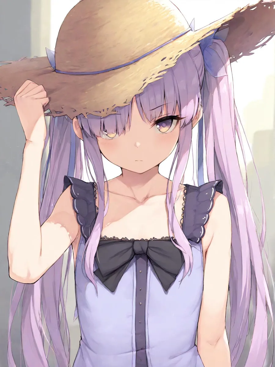 An anime girl with purple hair, wearing a straw hat and a sleeveless outfit, looking at the viewer with a serious expression.