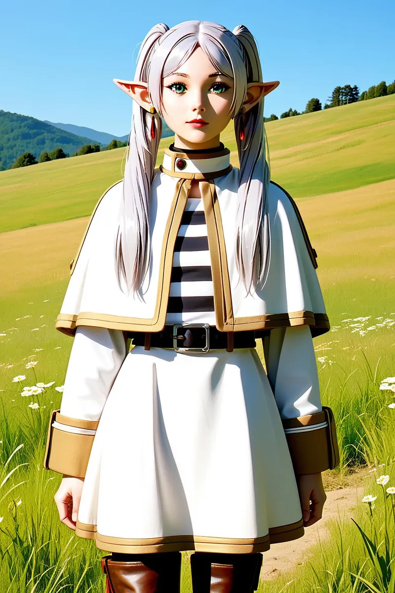 Anime character with grey hair, green eyes, and twintails wearing a striped shirt, white capelet, and brown boots, standing in a field.