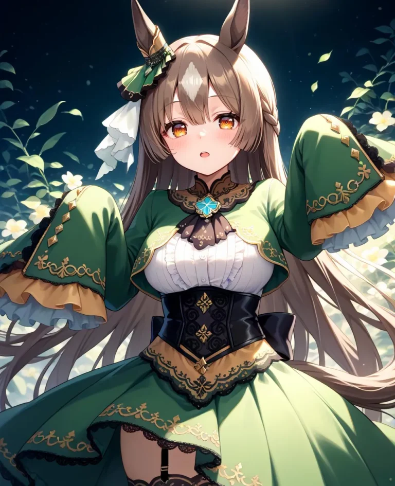 Anime girl with horse ears dancing, arms outstretched, in detailed green attire featuring frills, corset, thigh highs, with a patterned background.