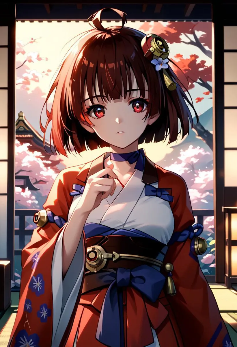 Anime girl with short brown hair, wearing a kimono and hair ornament, standing in front of a scenic background.