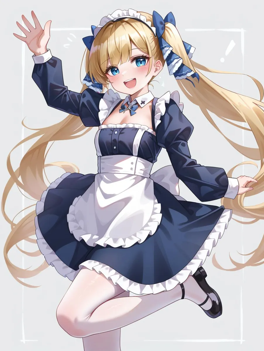 Anime girl with blonde twintails in a maid outfit, smiling.