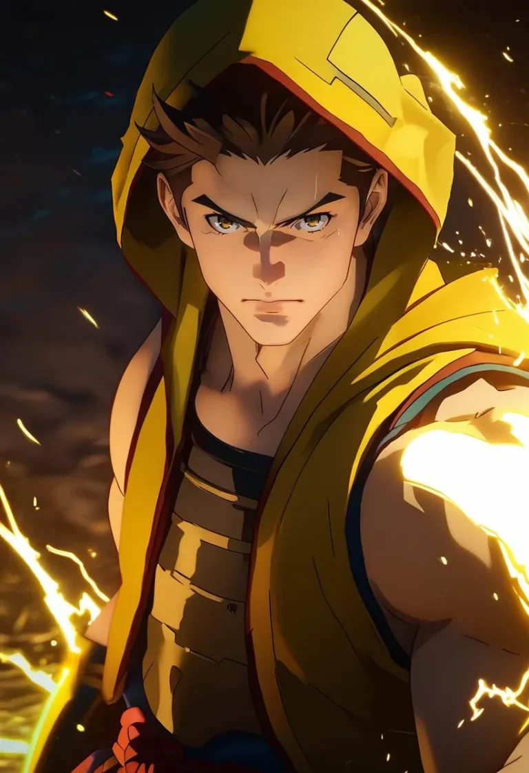 Muscular anime boy with a golden aura, wearing a hood.