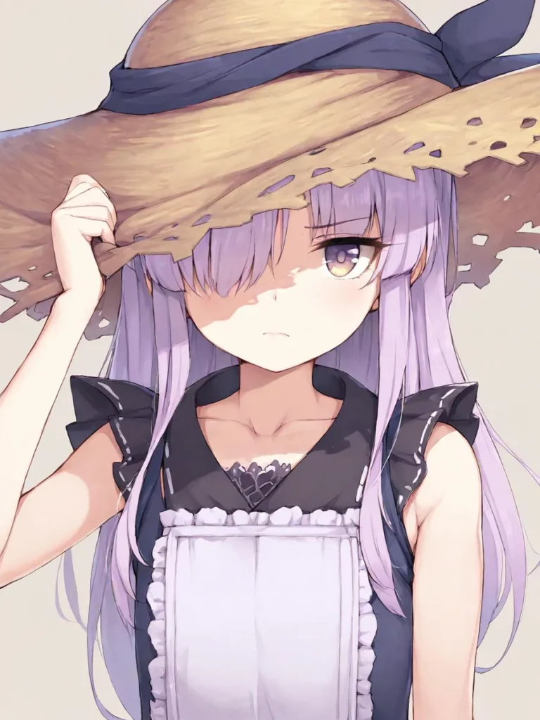 Anime girl with a straw hat, serious expression, and purple hair partially covering one eye.