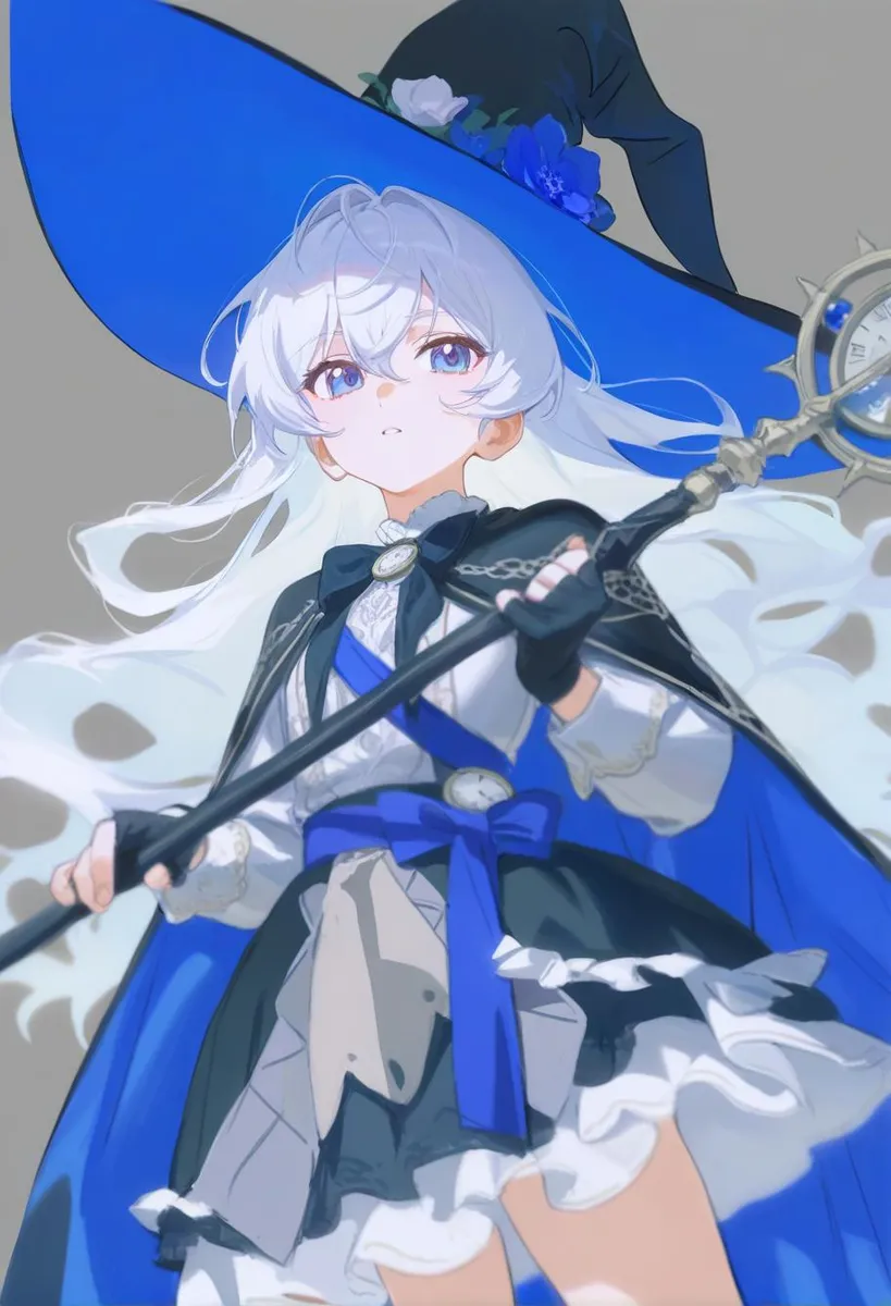 Anime witch with white hair holding a mage staff, wearing a black dress with a blue sash, viewed from a dynamic angle.