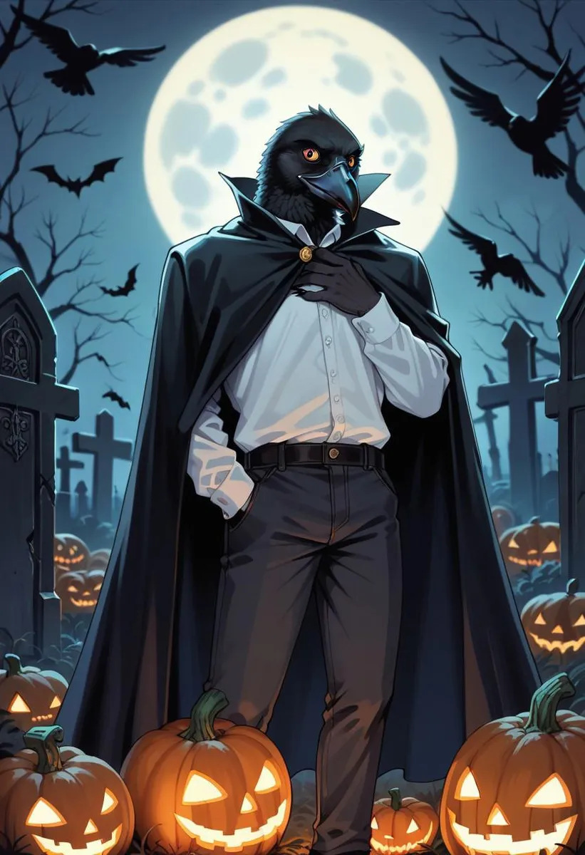 Anthropomorphic crow in a graveyard with pumpkins under a full moon, wearing a mantle and formal attire.