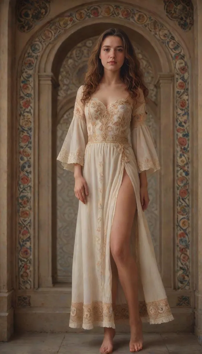 Full body image of a girl in art nouveau style with intricate costumes, featuring long brown and red hair, barefoot, using a harmonious color palette.