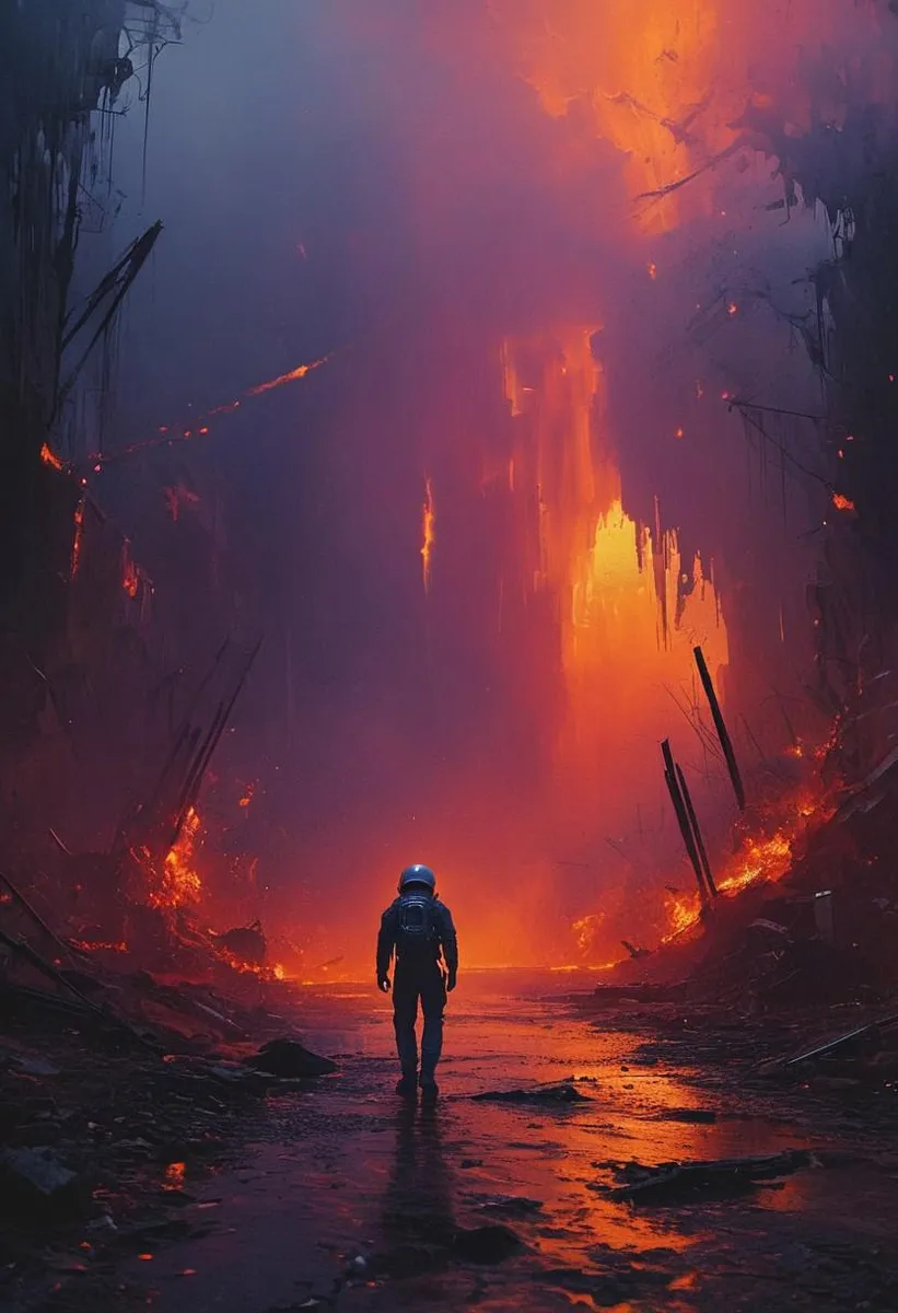 Astronaut walking in a surreal, abstract landscape with a vibrant twilight sky and glowing structures.