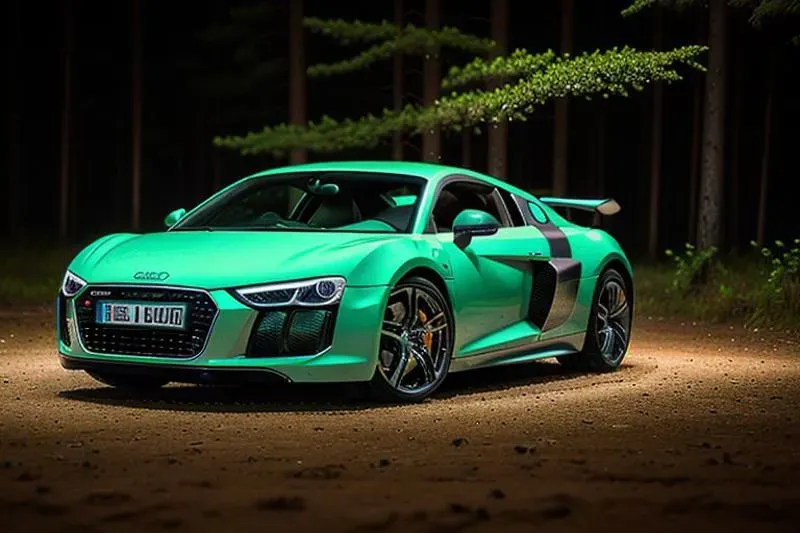 森林の中で細部まで鮮明に撮影されたAudi R8。暗い夜に自然光とオーロラが映える。