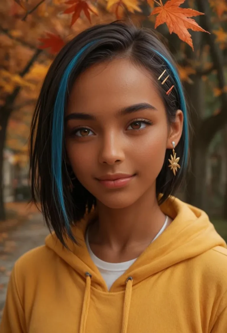 A young woman in a yellow hoodie with autumn leaves and blue-streaked hair in a night town.