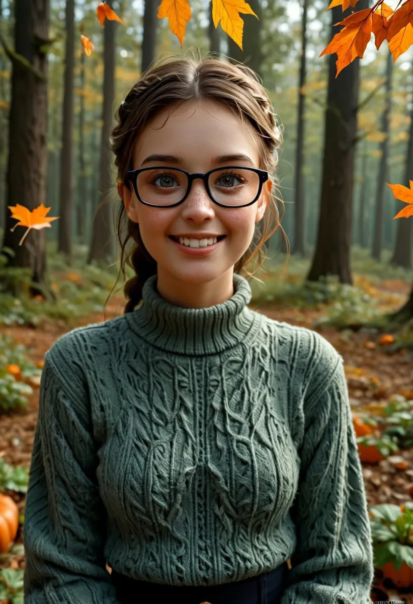 Smiling woman in deep green sweater holding a carved Halloween pumpkin in an autumn forest.